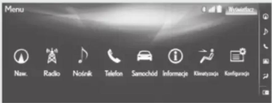 Menu Wyświerbacz Naw. Radio Nośnik Telefon Samochód Informacje Kivatyzacja Konfiguracja