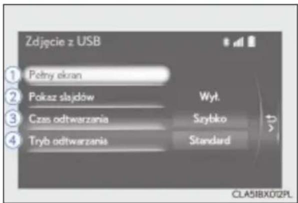 Zdjęcie z USB ① Połny ekran ② Pokaz slajdów Wyt. ③ Czas odtwarzania Szybko ④ Tryb odtwarzania Standard CLA51BX012PL