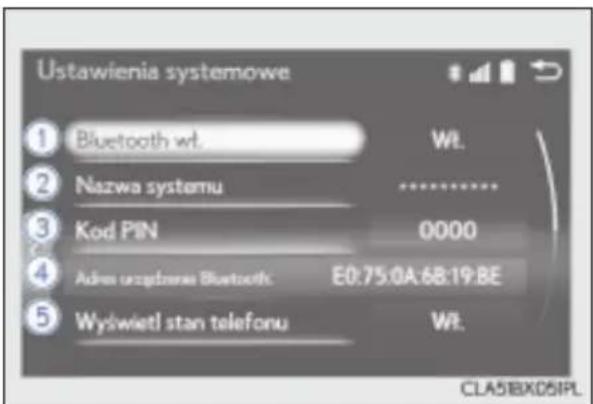 Ustawienia systemowe ① Bluetooth wt. Wt. ② Nazwa systemu ③ Kod PIN 0000 ④ Adwa urządzone Bluetooth: E0:75:0A:6B:19:8E ⑤ Wyświetl stan telefonu Wt. CLA5BXDSIPL