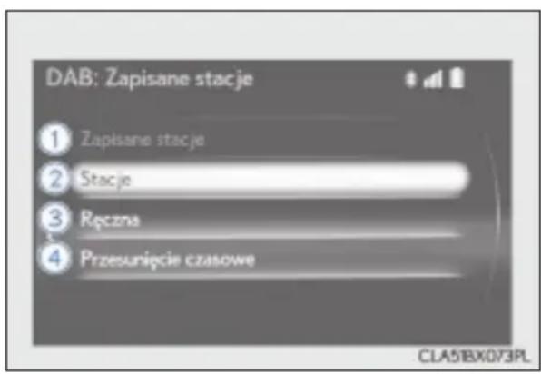 DAB: Zapisane stacje ① Zapisane stacje ② Stacje ③ Ręczna ④ Przesunięcie czasowe CLA51BX073PL