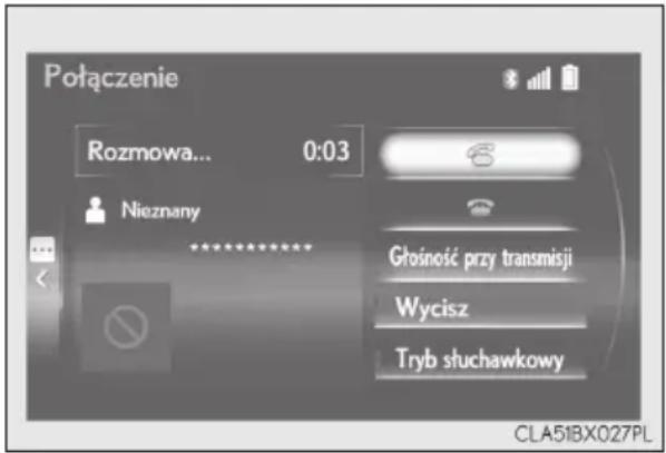 Połączenie Rozmowa... 0:03 Nieznany ********** Głośność przy transmisji Wycisz Tryb słuchawkowy CLA51BX027PL