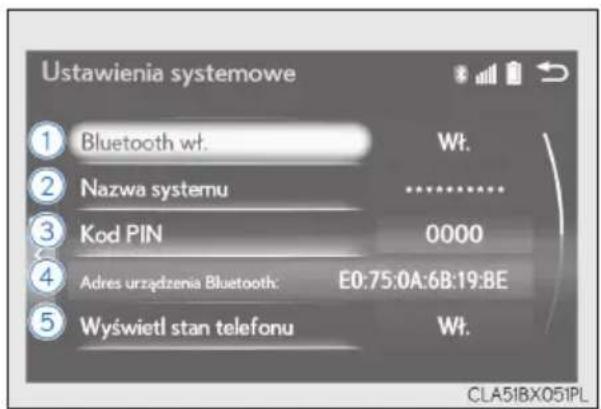 Ustawienia systemowe ① Bluetooth wt. Wt. ② Nazwa systemu .......... ③ Kod PIN 0000 ④ Adres urządzenia Bluetooth: E0:75:0A:6B:19:8E ⑤ Wyświetl stan telefonu Wt. CLA51BX051PL