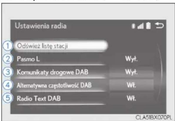 Ustawienia radia ① Odśwież listę stacji ② Pasmo L ③ Komunikaty drogowe DAB ④ Alternatywna częstotliwość DAB ⑤ Radio Text DAB Wyt. Wyt. Wt. Wt. CLA51BX070PL