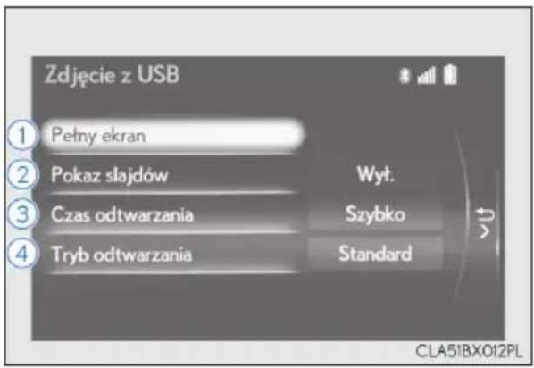 Zdjęcie z USB ① Pełny ekran ② Pokaz słajdów Wyt. ③ Czas odtwarzania Szybko ④ Tryb odtwarzania Standard CLA51BX012PL
