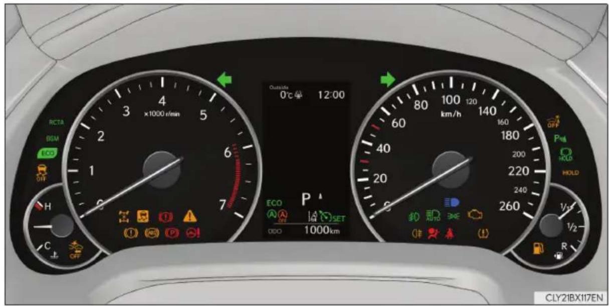 RCTA BGM ECO OFF H C OFF 3 x1000 r/min 4 5 6 7 Outside 0°C 12:00 ECA ECO OFF SET ODO 1000km 80 100 120 km/h 140 160 40 20 220 240 260 1/1-2 1/2- CLY21BX117EN