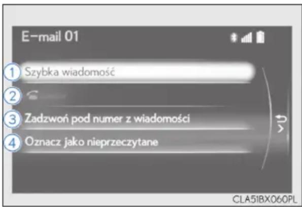 E-mail 01 ① Szybka wiadomość ② ③ Zadzwoń pod numer z wiadomości ④ Oznacz jako nieprzeczytane CLA51BX060PL