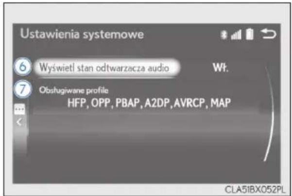 Ustawienia systemowe ⑥ Wyświetl stan odtwarzacza audio W#. ⑦ Obstugiwane profile HFP, OPP, PBAP, A2DP, AVRCP, MAP CLA51BX052PL