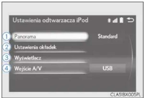 Ustawienia odtwarzacza iPod ① Panorama Standard ② Ustawienia oktadek ③ Wyświetlacz ④ Wejście A/V USB CLA51BX005PL