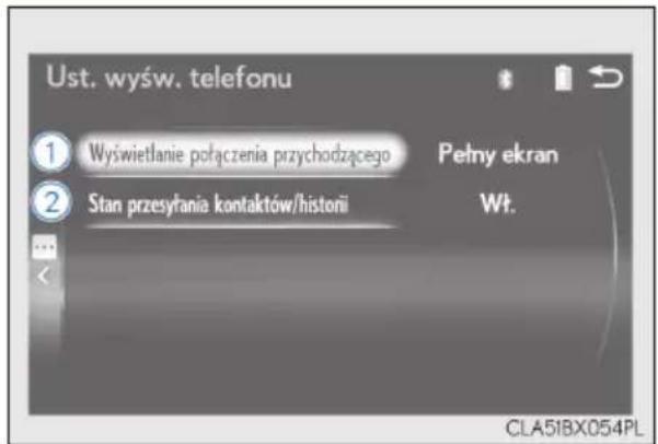 Ust. wyśw. telefonu ① Wyswietlanie połączenia przychodzącego 2 Stan przesyfania kontaktów/historii Pętny ekran Wt. CLA51BX054PL