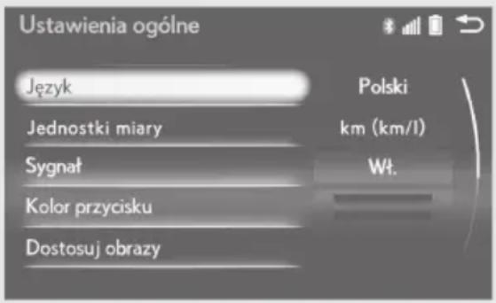 Ustawienia ogólne Język Jednostki miary Sygnał Kolor przycisku Dostosuj obrazy Polski km (km/l) Wt.