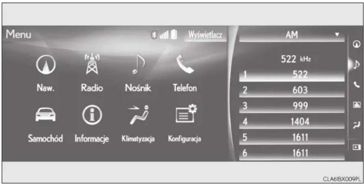 Menu Wyświetlacz Naw. Radio Nośnik Telefon Samochód Informacje Klimatyzacja Konfiguracja AM 522 kHz 1 522 2 603 3 999 4 1404 5 1611 6 1611 CLA61BX009PL
