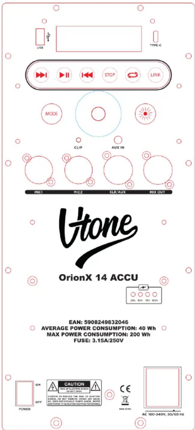 USB TYPE-C STOP LINK MODE CLIP AUX IN MIC1 MIC2 XLR/AUX MIX OUT Ltone OrionX 14 ACCU EAN: 5908249832046 AVERAGE POWER CONSUMPTION: 40 Wh MAX POWER CONSUMPTION: 200 Wh FUSE: 3.15A/250V ON CAUTION OFF POWER RISK OF ELECTRIC SHODE DO NOT OPEN CUTION TO REDUCE THE RISK OF ELECTRIC SHOCK, DO NOT REMOVE COVER OR BACK NO USER-SERVICABLE PARTS MSCIER REFER SERVICING TO QUALIFIED SERVICE PERSONNEL CE MADE IN FREI AC 100-240V, 50/60 Hz