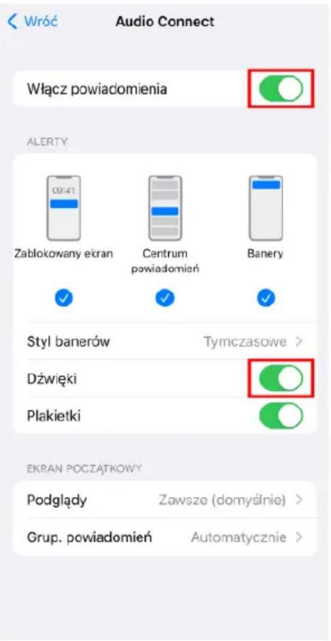 Wróć Audio Connect Włącz powiadomienia ALERTY Zablokowany ekran Centrum powiadomień Banery Styl banerów Tymczasowe > Dźwięki Plakietki EKRAN PÓCZĄTKOWY Podglądy Zawsze (domyślnie) > Grup. powiadomień Automatycznie >