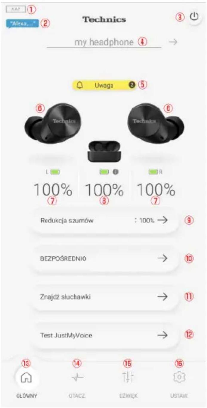 Technics my headphone ④ → Uwaga ⑤ Technics L 100% 7 100% 8 100% 7 Redukcja szumów : 100% → ⑨ BEZPOŚREDNIO → ⑩ Znajdź słuchawki → ⑪ Test JustMyVoice → ⑫ GŁÓWNY 14 15 16 OTACZ EŻWIĘK USTAW.