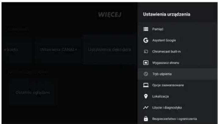 WIECEJ Ustawienia urzȩdzenia Pamiȩć Asystent Google Chromecast built-in Wygaszacz ekranu Tryb uplwienia Opie zaawansowane Lokalizacja Uzbiec i diagnostyka Bezpieczeriwo i ograniczenia