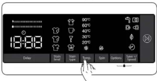 18:00 90°C 60°C 40°C 30°C 20°C Delay Stain level Stain type Temp. Spin Options Save +/Speed