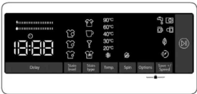 18:08 90°C 60°C 40°C 30°C 20°C Delay Stain level Stain type Temp. Spin Options Save +/- Speed