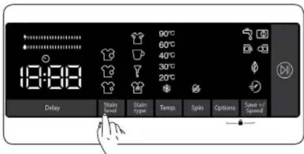 18:00 90°C 60°C 40°C 30°C 20°C Delay Stain Level Stain type Temp. Spin Options Save +/Speed