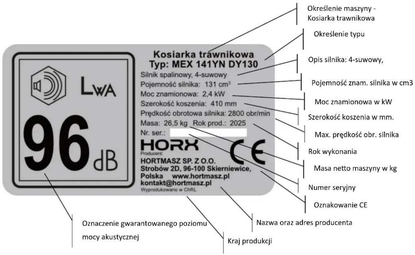 Kosiarka trawnikowa Typ: MEX 141YN DY130 Silnik spalinowy, 4-suwowy Pojemność silnika: 131 cm³ Moc znamionowa: 2,4 kW Szerokość koszenia: 410 mm Prędkość obrotowa silnika: 2800 obr/min Masa: 26,5 kg Rok prod.: 2025 Nr. ser.: HORX CE Producent: HORTMASZ SP. Z O.O. Strobów 2D, 96-100 Skierniewice, Polska www.hortmasz.pl kontakt@hortmasz.pl Wyprodukowano w ChRL Oznaczenie gwarantowanego poziomu mocy akustycznej Kraj produkcji Określenie maszyny - Kosiarka trawnikowa Określenie typu Opis silnika: 4-suwowy, Pojemność znam. silnika w cm³ Moc znamionowa w kW Szerokość koszenia w mm. Max. prędkość obr. silnika Rok wykonania Masa netto maszyny w kg Numer seryjny Oznakowanie CE Nazwa oraz adres producenta