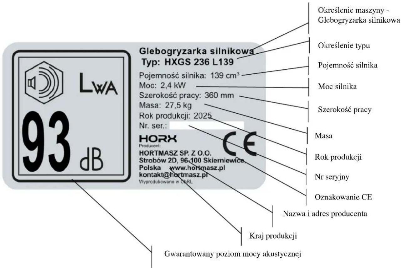 Glebogryzarka silnikowa Typ: HXGS 236 L139 Pojemność silnika: 139 cm³ Moc: 2,4 kW Szerokość pracy: 360 mm Masa: 27,5 kg Rok produkcji: 2025 Nr. ser.: HORX Producent: HORTMASZ SP. Z O.O. Strobów 2D, 96-100 Skierniewice, Polska www.hortmasz.pl kontakt@hortmasz.pl Wyprodukowano w ChRL Określenie maszyny - Glebogryzarka silnikowa Określenie typu Pojemność silnika Moc silnika Szerokość pracy Masa Rok produkcji Nr seryjny Oznakowanie CE Nazwa i adres producenta Kraj produkcji Gwarantowany poziom mocy akustycznej