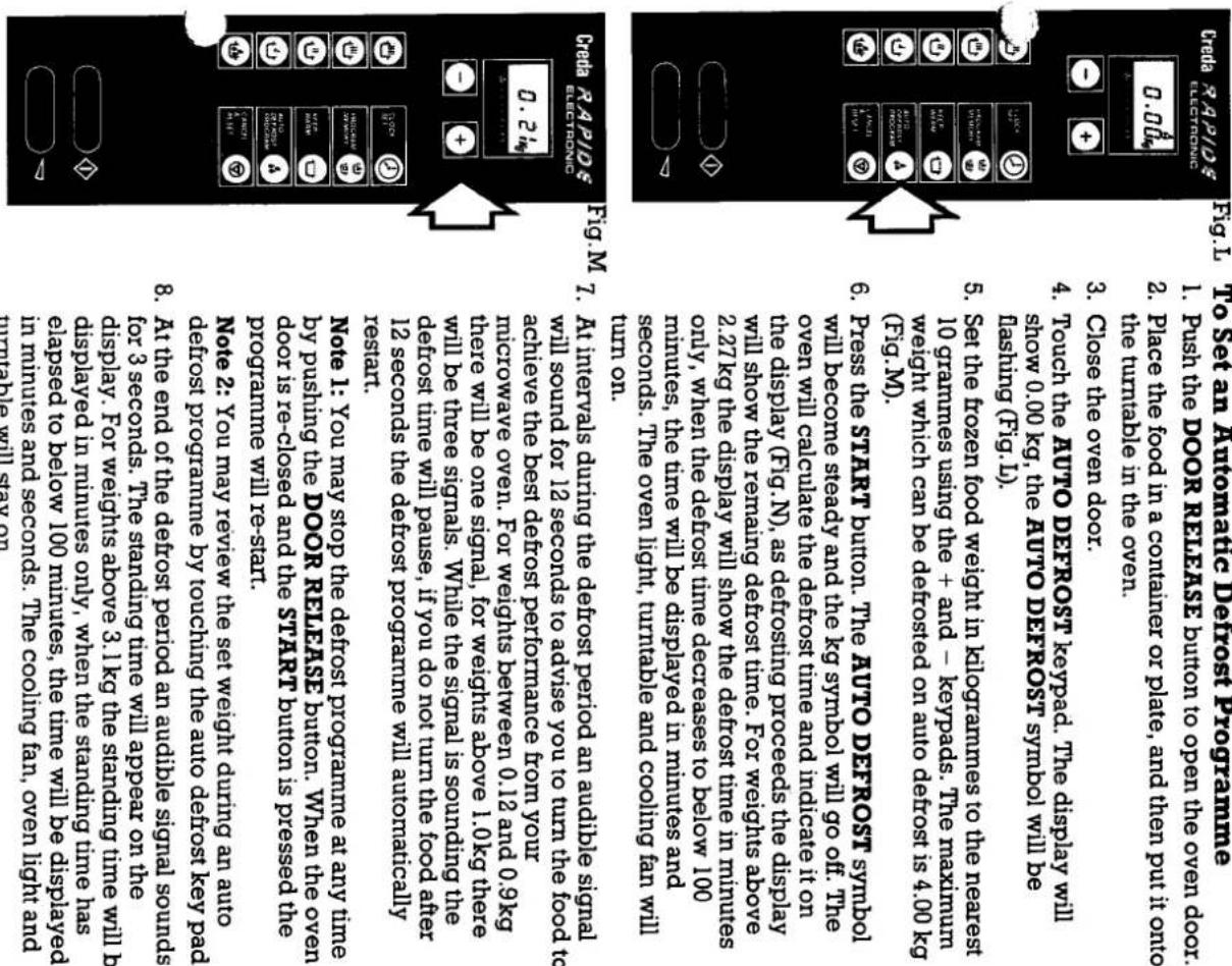 To set an Automatic Dearest Programme 1. Push the DOOR RELIEASE button to open the oven door. 2. Place the food in a container or plate, and then put it into the turntable in the oven. 3. Close the oven door. 4. Touch the AUTO DEFROST keypad. The display will show 0.00 kg, the AUTO DEFROST symbol will be fasting (Fig.L). 5. Set the frozen food weight in kilogrammes to the nearest weight which can be defosted on auto derost is 4.00 kg (Fig.M). 6. Press the START button. The AUTO DEFROST symbol will become steady and the kg symbol will go off. The oven will calculate the derost time and indicate it on seconds. The oven light, turntable and cooling fan will turn on. At interviews during the derost period an aduibile signal will sound for 12 seconds to advise you to turn the food to achieve the best derost performance from your microwave oven. For weights between 0.12 and 0.9kg will be three signals. While the signal is sounding the detest time will pause, if you do not turn the food after 12 seconds the derost programme will automatically restart. Note I: You may stop the derost programme at any time by pushing the DOOR RELIEASE button. When the oven door is re-closed and the START button is pressed the programme will re-start. Note 2: You may review the set weight during an auto defrost programme by touching the auto derost key pad. 8. At the end of the derost period an aduibile signal sounds for 3 seconds. The standing time will appear on the display. For weights above 3.1 kg the standing time will be delayed in minutes and seconds. The cooling tan, oven light and defrost programme will re-start. Frig.M.7.
