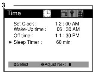 Time Set Clock : 1 2 : 00 AM Wake-Up time : 06 : 30 AM Off time : 1 1 : 30 PM ▶ Sleep Timer : 60 min Select ▼ Adjust Next ■