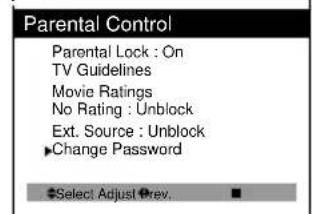 Parental Control Parental Lock : On TV Guidelines Movie Ratings No Rating : Unblock Ext. Source : Unblock ▶Change Password $Select Adjust Prev.