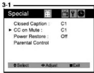 3-1 Special Closed Caption : C1 ► CC on Mute : C1 Power Restore : Off Parental Control Select Adjust Exit