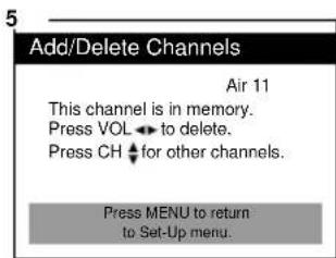 Add/Delete Channels Air 11 This channel is in memory. Press VOL ← to delete. Press CH ↓ for other channels. Press MENU to return to Set-Up menu.
