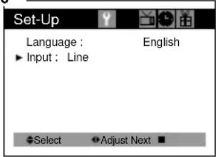 Set-Up Language : English Input : Line Select Adjust Next