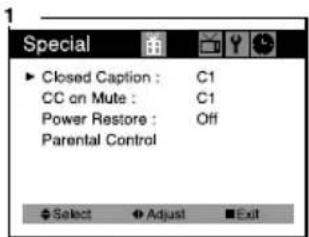 Special ► Closed Caption : C1 CC on Mute : C1 Power Restore : Off Parental Control Select Adjust Exit