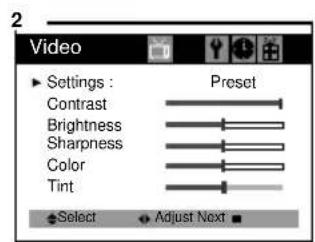 2 Video ▶ Settings : Preset Contrast Brightness Sharpness Color Tint Select Adjust Next