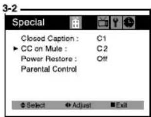 3-2 Special Closed Caption : C1 ► CC on Mute : C2 Power Restore : Off Parental Control Select Adjust Exit