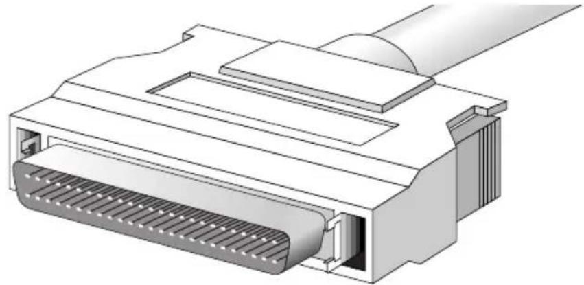 Technical illustration of an electronic component with a central connector and cable (no text or symbols)