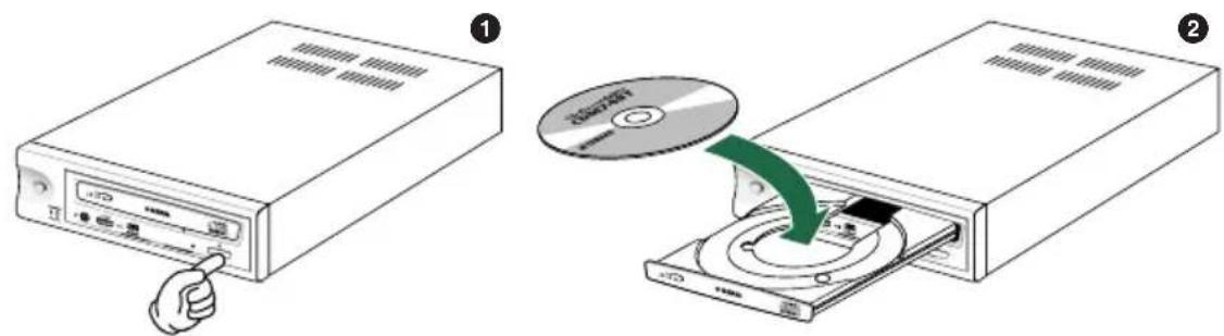 Diagram showing two steps of an electronic device: adding a CD to a drive into a CD, with a hand pointing to the component.