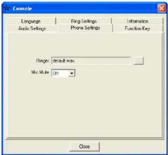 Console Language Audio Settings Fling Settings Phone Settings Information Function Key Finger: default wav Mic Mule: Off Close
