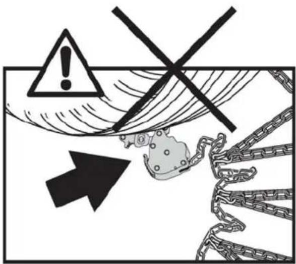 Warning symbol illustration showing a person falling with chains and an exclamation mark, indicating risk or caution.
