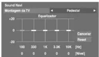 Sound Navi Montagem da TV Equalizador Nivel +20 0 -20 100 330 1K 3.3K 10K [Hz] 0 0 0 0 0 0 Nivel Pediatal Cancelar Reset