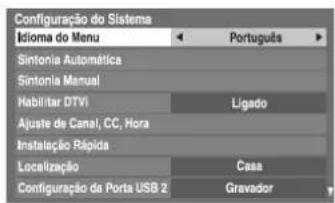 Configuração do Sistema Idioma do Menu Português Sintonia Automática Sintonia Manual Habilitar DTVI Ligado Ajuste de Canal, CC, Hora Instalação Rápida Localização Casa Configuração de Porta USB 2 Gravador