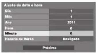 Ajuste da data e hora Dia 1 Mês 1 Ano 2011 Hora 0 Minuto 0 Horario de Versão Desligado Próximo