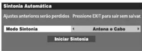 Sintonia Automática Ajustes anteriores serão perdidos. Pressione EXIT para sair sem salvar. Modo Sintonia Antena e Cabo Iniciar Sintonia