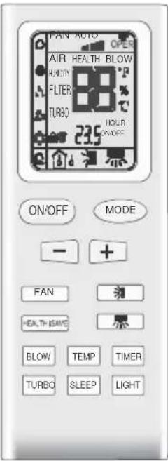 PAN AUTO OPER AIR HEALTH BLOW HUICTY FILTER TURBO HOUR ON/OFF ON/OFF MODE - + FAN HEALTH ISAVS BLOW TEMP TIMER TURBO SLEEP LIGHT