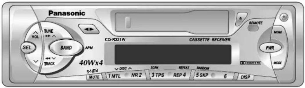 Panasonic VOL TUNE VOL SEL BAND APM TRACK CQ-R221W CASSETTE RECEIVER PWR MODE S-HDB DISC SCAN REPEAT RANDOM MUTE 1 MTL NR 2 3 TPS REP 4 5 SKP 6 DISP REMOTE MONO