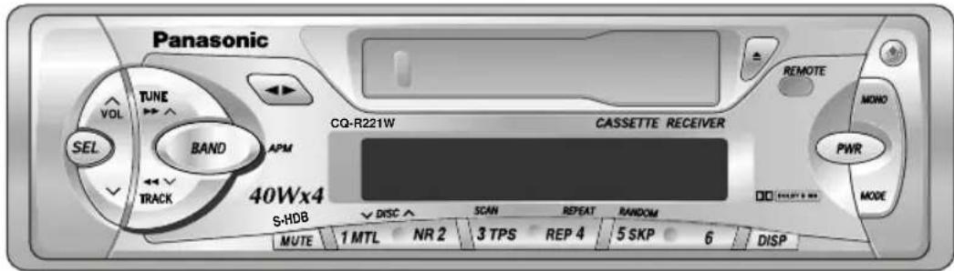 Panasonic VOL TUNE VOL SEL BAND APM TRACK CQ-R221W CASSETTE RECEIVER REMOTE NOMO PWR MODE 40Wx4 S-HDB DISC SCAN REPEAT RANDOM MUTE 1 MTL NR 2 3 TPS REP 4 5 SKP 6 DISP