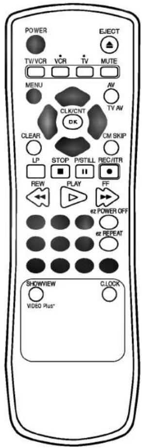 POWER TV/VCR VCR TV MUTE MENU AV TV AV CLK/CNT OK CLEAR LP STOP P/STILL REC/ITR CM SKIP REW PLAY FF ez POWER OFF ez REPEAT SHOWVIEW CLOCK VIDEO Plus*