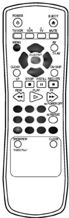 POWER TV/VC R VCR TV MUTE MENU AV CLK/CNT TV AV CLEAR CM SKIP LP STOP P/STILL REC/ITR REW PLAY FF ez POWER OFF ez REPEAT SHOWVIEW CLOCK VIDEO Plus*