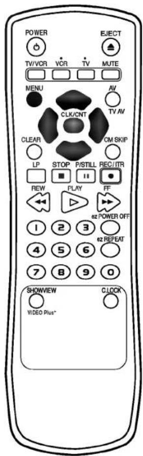 POWER TV/VCR VCR TV MUTE MENU AV CLK/CNT TV AV CLEAR CM SKIP LP STOP P/STILL REC/ITR REW PLAY FF 1 2 3 62 POWER OFF 4 5 6 62 REPEAT 7 8 9 0 SHOWVIEW CLOCK VIDEO Plus*