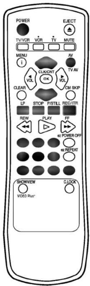 POWER TV/VCR VCR TV MUTE MENU i AV TV AV CLK/CNT VOL OK VOL CM SKIP CLEAR LP STOP P/STILL REC/ITR REW PLAY FF ← Power OFF ← REPEAT SHOWVIEW CLOCK VIDEO Plus*