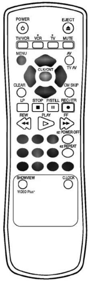 POWER TV/VCR VCR TV MUTE MENU AV CLK/CNT TV AV CLEAR CM SKIP LP STOP P/STILL REC/ITR REW PLAY FF 62 POWER OFF 62 REPEAT SHOWVIEW CLOCK VIDEO Plus*