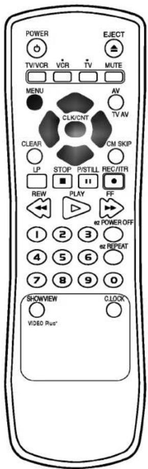 POWER TV/VCR VCR TV MUTE MENU AV CLK/CNT TV AV CLEAR CM SKIP LP STOP P/STILL REC/ITR ■ ■ ■ REW PLAY FF 1 2 3 ez POWER OFF 4 5 6 ez REPEAT 7 8 9 0 SHOWVIEW CLOCK VIDEO Rua